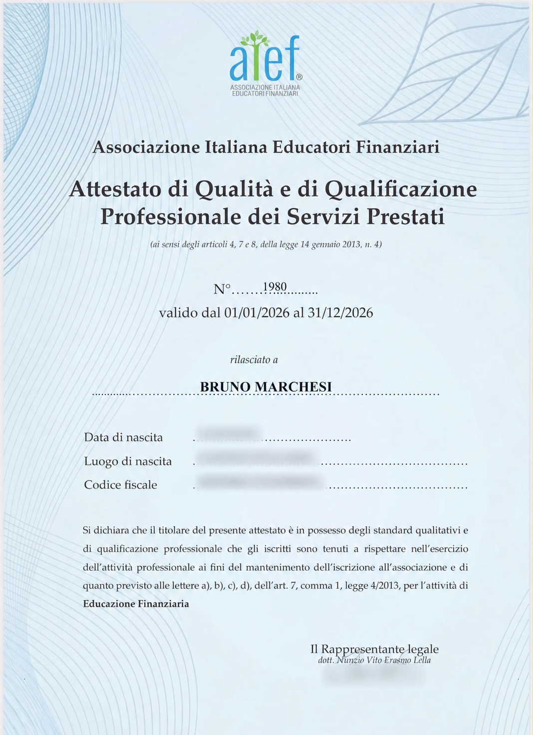Bruno Marchesi — certificat AIEF cu datele personale ascunse